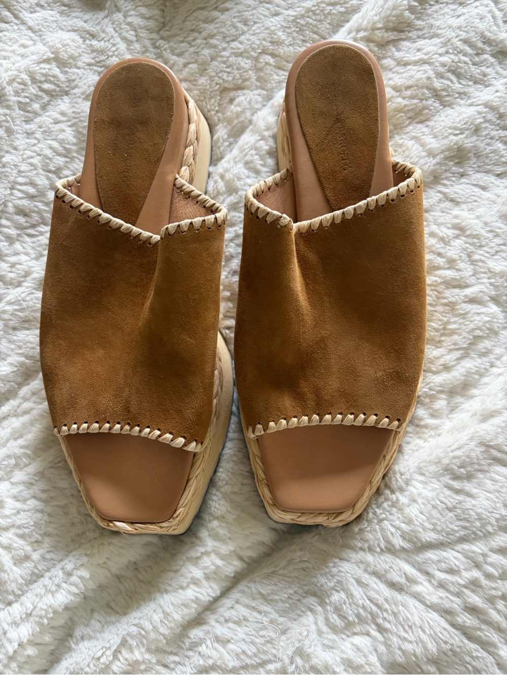 Paloma Barcelo Women’s Tan Suede Slide Sandals with Woven Platform